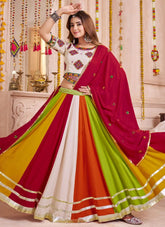 Multicolor Navratri lehenga choli with beige blouse and red dupatta